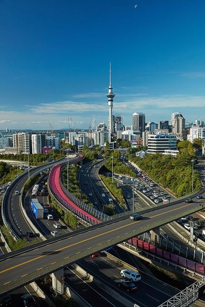 Motorways-Lightpath cycleway-and Skytower-Auckland-North Island-New Zealand